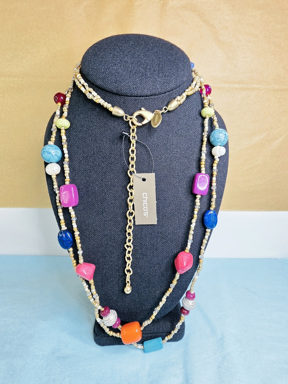 Chico's Colorful Multistrand Beaded Necklace with Gold Accents-NWT